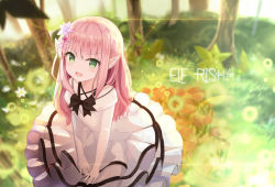 Rule 34 | 1girl, dress, elf, flower, forest, green eyes, hair flower, hair ornament, highres, kawaiidajye, leaning forward, long hair, nature, open mouth, original, outdoors, pink hair, pointy ears, shouting, solo, tree, white dress