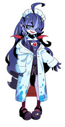 Rule 34 | 1girl, ahoge, bat wings, blue eyes, braid, buttons, chest jewel, clothing cutout, coat, diamond (shape), donuttypd, eyeshadow, flat chest, full body, gem, gloves, heart, heart-shaped gem, huge ahoge, inferno cafe, lab coat, light purple hair, long hair, long sleeves, looking at viewer, low-tied long hair, maid headdress, makeup, mary janes, monster girl, multicolored hair, open mouth, original, pale skin, pointy ears, purple footwear, purple gloves, purple hair, purple shorts, red gemstone, red wings, sharp teeth, shoes, shorts, simple background, single braid, single tooth, smile, socks, stain, standing, striped, teeth, vampire, vertical stripes, very long hair, virginia (inferno cafe), white background, white coat, wings