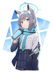Rule 34 | 1girl, animal ear fluff, animal ears, aqua necktie, blazer, blue archive, blue eyes, bottle, breast pocket, cat ears, cat girl, cross hair ornament, grey hair, hair ornament, halo, highres, jacket, long sleeves, looking at viewer, necktie, off shoulder, open clothes, open jacket, parted lips, pocket, ryou (ponpgo), scarf, shiroko (blue archive), short hair, solo, water bottle, white background
