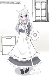 Rule 34 | 1girl, absurdres, animal ears, apron, black bow, black bowtie, black dress, black footwear, bladder, blue eyes, blush, bow, bowtie, breasts, broom, buttons, closed mouth, collared shirt, dress, english text, female focus, fox ears, fox girl, frilled apron, frilled shirt, frills, full body, grey hair, hand up, happy, have to pee, highres, holding, holding broom, indoors, juliet sleeves, long hair, long sleeves, looking at viewer, maid, maid apron, maid headdress, medium breasts, original, partially colored, pee, puffy sleeves, shirt, shoes, smile, solo, speech bubble, standing, toya12011, urine meter, white apron, white legwear, white shirt, window