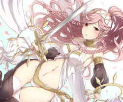 Rule 34 | 1girl, bare shoulders, braid, breasts, cleavage, collar, dancer, fire emblem, fire emblem awakening, groin, hairband, haru (nakajou-28), holding, holding sword, holding weapon, jewelry, long braid, long hair, looking at viewer, medium breasts, midriff, navel, nintendo, olivia (fire emblem), open mouth, pink eyes, pink hair, ponytail, side braid, simple background, solo, sword, twin braids, weapon, white legwear