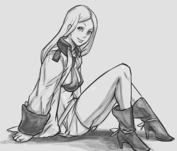 Rule 34 | 1girl, advance wars, advance wars: days of ruin, bad id, bb (baalbuddy), bikini, bikini top only, boots, breasts, drawfag, female focus, greyscale, high heels, inactive account, isabella (advance wars), jacket, long hair, monochrome, oversized clothes, shoes, shorts, sitting, solo, swimsuit
