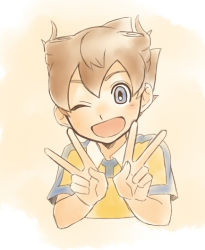Rule 34 | 1boy, brown hair, double v, inazuma eleven (series), inazuma eleven go, looking at viewer, male focus, matsukaze tenma, one eye closed, open mouth, petagon, raimon, raimon soccer uniform, soccer uniform, solo, sportswear, upper body, v