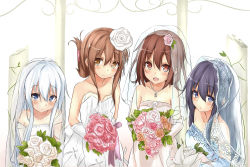 Rule 34 | 10s, 4girls, akatsuki (kancolle), alternate costume, bare shoulders, black hair, blue dress, blue eyes, blue gloves, blush, bouquet, brown eyes, brown hair, dress, elbow gloves, fang, flower, folded ponytail, gloves, hair flower, hair ornament, hibiki (kancolle), highres, ikazuchi (kancolle), inazuma (kancolle), jewelry, kantai collection, long hair, looking at viewer, multiple girls, necklace, open mouth, saku (kudrove), smile, strapless, strapless dress, updo, veil, wedding dress, white dress, white gloves, white hair