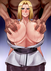 Rule 34 | 1girl, arms at sides, blonde hair, blush, grabbing another&#039;s breast, breasts, breasts out, clenched teeth, clothed female nude male, cowboy shot, embarrassed, facial mark, forehead mark, grabbing, grabbing from behind, gradient background, haikawa hemlen, head out of frame, highres, huge breasts, large areolae, long hair, looking at viewer, naruto (series), nipples, nude, open clothes, orange eyes, simple background, standing, sweat, teeth, tsunade (naruto), v-shaped eyebrows