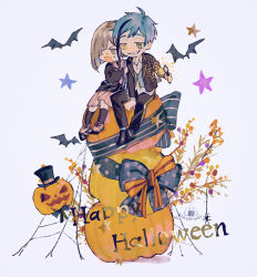 Rule 34 | 1boy, 1girl, bat (animal), bentouoic, blue hair, brown eyes, brown hair, commentary request, deformed, floyd leech, green eyes, halloween, happy halloween, heterochromia, highres, holding, holding wand, jack-o&#039;-lantern, night raven college uniform, school uniform, sharp teeth, short hair, sitting, skirt, teeth, twisted wonderland, wand, yellow eyes, yuu (twisted wonderland)