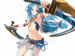 Rule 34 | 1girl, aqua hair, armpits, bad id, bad pixiv id, blue eyes, breasts, cowboy shot, dana (ys), dual wielding, falcom, foreshortening, gauntlets, hair ornament, holding, long hair, looking at viewer, low-tied long hair, midriff, navel, reverse grip, shinokawa7, simple background, small breasts, solo, sword, twintails, weapon, white background, ys, ys viii lacrimosa of dana