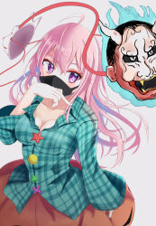 Rule 34 | 1girl, atory, breasts, commentary, fox mask, green shirt, grey background, hata no kokoro, highres, long hair, long sleeves, looking at viewer, mask, medium breasts, mouth mask, orange skirt, pink eyes, pink hair, plaid, plaid shirt, shirt, simple background, skirt, solo, star (symbol), touhou