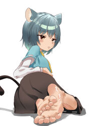Rule 34 | 1girl, absurdres, animal ears, barefoot, blush, feet, highres, looking at viewer, medium hair, mouse ears, nazrin, red eyes, soles, tail, toes, touhou