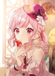 Rule 34 | 1girl, bare shoulders, blush, bow, bowtie, buttons, chain, collared shirt, commentary, food, fruit, hand up, hat, highres, holding, holding food, indoors, light, one side up, ootori emu, pink bow, pink bowtie, pink eyes, pink hair, pink hat, pink shirt, project sekai, shirt, short hair, sidelocks, signature, sleeveless, sleeveless shirt, solo, strawberry, stuffed animal, stuffed toy, symbol-only commentary, table, upper body, window, wrist cuffs, yuhi (hssh 6)