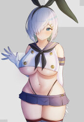 Rule 34 | 1girl, absurdres, black hairband, black neckerchief, black panties, blue eyes, blue skirt, breasts, cosplay, cowboy shot, crop top, elbow gloves, gloves, grey hair, hair ornament, hair over one eye, hairband, hairclip, hamakaze (kancolle), highleg, highleg panties, highres, kantai collection, large breasts, microskirt, navel, neckerchief, panties, pleated skirt, shimakaze (kancolle), shimakaze (kancolle) (cosplay), short hair, skirt, solo, standing, striped clothes, striped thighhighs, tf cafe, thighhighs, thong, underboob, underwear, white gloves