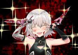 Rule 34 | 1girl, absurdres, arm belt, armpits, bandaged arm, bandages, black vest, blood, blood on face, blood splatter, blush, breasts, closed eyes, dagger, double v, dual wielding, emotional engine - full drive, facial scar, fate/apocrypha, fate/grand order, fate (series), gloves, hair between eyes, hands up, highres, holding, holding dagger, holding knife, holding weapon, jack the ripper (fate/apocrypha), knife, open mouth, parody, requiemrain, scar, scar across eye, scar on cheek, scar on face, short hair, shoulder tattoo, silver hair, single glove, small breasts, smile, solo, sparkle, tattoo, v, vest, weapon