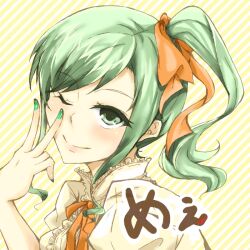Rule 34 | 1girl, green hair, green nails, green theme, gumi, miisu (minirose), orange background