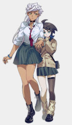 Rule 34 | 2girls, absurdres, ahoge, ankle boots, arm at side, arm grab, bag, bare legs, black footwear, black hair, black nails, blue eyes, blue hair, boots, braid, breasts, cardigan, choker, closed mouth, collarbone, collared shirt, cross-laced footwear, dark-skinned female, dark skin, dress shirt, finger to mouth, fishnet legwear, fishnets, flipped hair, full body, genderswap, genderswap (mtf), gundam, gundam tekketsu no orphans, hair ornament, hairclip, hand on another&#039;s arm, hands up, hiding, hiding behind another, highres, holding another&#039;s arm, lace-up boots, leg warmers, loafers, long sleeves, looking at viewer, looking away, mikazuki augus, miniskirt, multicolored hair, multiple girls, nail polish, necktie, o-ring, o-ring choker, orga itsuka, pale skin, pleated skirt, red necktie, school uniform, shirt, shoes, short hair, shoulder bag, sideways glance, simple background, single thighhigh, skirt, sleeves past wrists, sleeves rolled up, standing, streaked hair, sumooo (ga ilil), thighhighs, walking, white hair, white shirt, x hair ornament, yellow eyes, yellow legwear