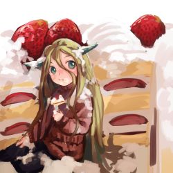Rule 34 | 1girl, :i, alternate costume, blonde hair, cake, cake slice, eating, food, food on face, fruit, green eyes, hair between eyes, horns, ibuki suika, immaterial and missing power, in food, kneeling, long hair, oversized object, pastry, sitting, sketch, solo, strawberry, strawberry shortcake, sweater, touhou, very long hair