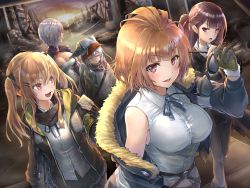 Rule 34 | 5girls, belt, bipod, black legwear, blush, bomber jacket, braid, breasts, brown eyes, brown hair, bullpup, chaps, cleavage, closed eyes, coat, collared shirt, cracker, eyewear on head, unworn eyewear, fingerless gloves, food, french braid, g11 (girls&#039; frontline), girls&#039; frontline, gloves, grey hair, grizzly mkv (girls&#039; frontline), gun, gun sling, hair between eyes, hair ornament, hair over one eye, hair ribbon, hairclip, high-waist skirt, highres, holding, holding food, holding removed eyewear, hood, hood down, hooded jacket, jacket, large breasts, long hair, looking at viewer, medium breasts, mg5 (girls&#039; frontline), multiple girls, neck ribbon, necktie, o-ring, one side up, open clothes, open mouth, outdoors, pantyhose, partially fingerless gloves, pelvic curtain, potato tacos, purple eyes, purple hair, red eyes, ribbon, rifle, ruins, scar, scar across eye, scar on face, scarf, scarf on head, shirt, short hair, shorts, shrug (clothing), sidelocks, skirt, sleeveless, sleeveless shirt, smile, sniper rifle, strapless, sunglasses, sunset, tube top, twintails, ump9 (girls&#039; frontline), very long hair, wa2000 (girls&#039; frontline), walking, walther, walther wa 2000, weapon, white shirt