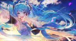 Rule 34 | 1girl, :d, armpits, backlighting, blue eyes, blue hair, blue necktie, blue sky, blurry, breasts, clothes lift, cloud, cloudy sky, commentary request, day, depth of field, detached sleeves, eyelashes, eyes visible through hair, floating hair, happy, hatsune miku, headset, highres, horizon, kawachi rin, light particles, light rays, long hair, looking at viewer, necktie, open mouth, orange sky, outdoors, outstretched arms, petals, pink sky, shirt, sky, sleeveless, sleeveless shirt, small breasts, smile, solo, sparkle, star (symbol), sun, sunlight, sunrise, teeth, twintails, upper body, upper teeth only, very long hair, vocaloid, water surface, white shirt