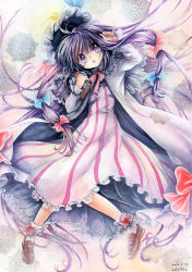 Rule 34 | 1girl, absurdly long hair, book, capelet, coat, crescent, dress, hair ribbon, hat, loafers, long hair, long sleeves, mob cap, mosho, open clothes, open coat, open mouth, painting (medium), patchouli knowledge, purple dress, purple eyes, purple hair, ribbon, shoes, solo, striped clothes, striped dress, touhou, traditional media, tress ribbon, very long hair, watercolor (medium)