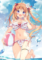 Rule 34 | 1girl, :d, ahoge, ball, bare shoulders, beachball, bikini, blue eyes, blue nails, blue sky, blush, bow, breasts, brown hair, cloud, cloudy sky, collarbone, commentary request, day, fang, flower, food print, frilled bikini, frills, gluteal fold, hair bow, hair flower, hair ornament, holding, holding ball, long hair, looking at viewer, medium breasts, multicolored nails, nail polish, open mouth, original, outdoors, pan (mimi), print bikini, red bow, sky, smile, solo, standing, standing on one leg, strawberry print, swimsuit, thigh gap, toenail polish, toenails, transparent, two side up, very long hair, water, white bikini, white flower, white nails