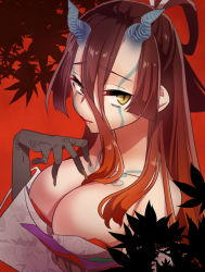 Rule 34 | 1girl, bare shoulders, breasts, brown hair, claws, cleavage, closed mouth, collarbone, facial mark, fate/grand order, fate/requiem, fate (series), gradient hair, hair between eyes, hand on own chest, horns, japanese clothes, kijo kouyou (fate), kijo kouyou (third ascension) (fate), kimono, large breasts, leaf, lipstick, long hair, long sleeves, looking at viewer, makeup, maple leaf, multicolored hair, obi, off shoulder, pokupoku (yamanashi yuuya), red background, red lips, sash, slit pupils, very long hair, white kimono, yellow eyes