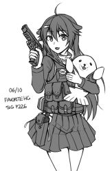 Rule 34 | 1girl, :d, ahoge, character name, dated, fang, fish hair ornament, girls&#039; frontline, greyscale, gun, hair between eyes, hair flaps, hair ornament, handgun, highres, holding, holding gun, holding weapon, jacket, long hair, long sleeves, looking at viewer, monochrome, name connection, ndtwofives, hugging object, object namesake, open mouth, p226 (girls&#039; frontline), pistol, pleated skirt, sig sauer, sig p220/p226, simple background, skirt, smile, solo, stuffed animal, stuffed seal, stuffed toy, very long hair, weapon, white background