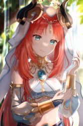 Rule 34 | 1girl, aqua eyes, bare shoulders, blurry, blurry background, branch, brooch, circlet, closed mouth, commentary request, crop top, dancer, detached sleeves, fake horns, forehead jewel, genshin impact, gold trim, harem outfit, highres, horns, jewelry, leaf, long hair, long sleeves, low twintails, midriff, nasii, neck ring, nilou (genshin impact), parted bangs, pouring, puffy long sleeves, puffy sleeves, red hair, revision, smile, solo, sparkle, twintails, upper body, vambraces, veil, water, wet