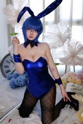 Rule 34 | 1girl, blue hair, breasts, ciel (tsukihime), cosplay, highres, large breasts, rabbit, rabbit ears, short hair, tsukihime