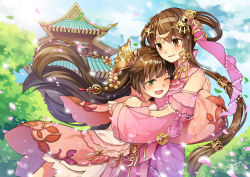 Rule 34 | 2girls, ;d, age difference, architecture, bare shoulders, blue sky, blush, brown eyes, brown hair, building, cherry blossoms, dated, day, detached sleeves, dress, dutch angle, east asian architecture, glomp, green eyes, hair ornament, height difference, high collar, highres, hug, jian xia qing yuan (series), jianxia qingyuan (series), jianxia qingyuan 3, jianxia qingyuan online 3, layered dress, long hair, long sleeves, looking at another, multiple girls, one eye closed, open mouth, outdoors, pagoda, parted lips, petals, sidelocks, signature, sky, smile, sunlight, tree, tsubasa tsubasa, very long hair