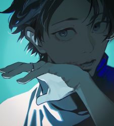 Rule 34 | 1boy, absurdres, aqua background, aqua theme, black hair, blood, blood on face, blood on hands, blue background, blue theme, highres, jewelry, jujutsu kaisen, kyuuba melo, looking at another, okkotsu yuuta, popped collar, ring, short hair, simple background, solo, wedding ring, wiping blood