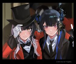 Rule 34 | 2girls, absurdres, alternate costume, alternate hairstyle, asymmetrical horns, black hair, black headwear, black suit, blue hair, blush, colored inner hair, demon horns, english text, formal, hair ornament, hat, highres, hololive, hololive english, horns, long hair, looking at viewer, mole, mole under eye, multicolored hair, multiple girls, nerissa ravencroft, panic! at the disco, parody, ponytail, red eyes, shiori novella, side ponytail, smile, song name, split-color hair, suit, two-tone hair, uneven horns, virtual youtuber, white hair, yellow eyes, yomosaka