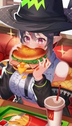 Rule 34 | + +, 1girl, absurdres, amahara subaru, black hair, black hat, black jacket, blush, burger, crop top, cup, disposable cup, drinking straw, eating, fang, food, food in mouth, food on clothes, food on face, french fries, hair between eyes, hat, highres, holding, holding food, indie virtual youtuber, isonade orca, jacket, long sleeves, multicolored hair, nail polish, off shoulder, open clothes, open jacket, pointy ears, puffy long sleeves, puffy sleeves, red eyes, red hair, red nails, shirt, short hair, sidelocks, skin fang, solo, sparkle, streaked hair, tray, virtual youtuber, white shirt, witch hat