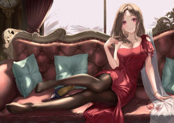 Rule 34 | 1girl, absurdres, alcohol, bare arms, bare shoulders, black pantyhose, breasts, brown hair, couch, cup, drinking glass, earrings, feet, formal, full body, high heels, highres, jewelry, long hair, long skirt, looking at viewer, no bra, no shoes, original, pantyhose, pillow, red eyes, red skirt, revision, shoes, unworn shoes, skirt, solo, tooku0, wine, wine glass