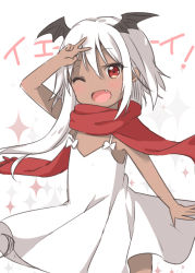 Rule 34 | 1girl, ;d, arm up, bare arms, bat wings, black wings, dark persona, devil tia, dress, hair between eyes, head wings, looking at viewer, one eye closed, open mouth, original, red eyes, red scarf, scarf, short hair with long locks, simple background, sleeveless, sleeveless dress, smile, solo, sparkle, standing, tareme, tia-chan, translated, uchuuneko, v, white background, white dress, white hair, wings