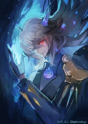 Rule 34 | 1boy, abyssal chain clown oni, abyssal ship, blue background, blue flower, colored skin, flower, gloves, highres, kantai collection, long hair, nagasawa tougo, purple suit, rose, shoulder blades, suit, white gloves, white hair, white skin