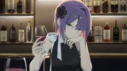 Rule 34 | 1girl, absurdres, alcohol, black dress, closed mouth, dress, green eyes, highres, looking at viewer, purple hair, short hair, solo, streamerg, syhan, twitter, upper body