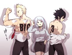 Rule 34 | 10s, 1girl, 2boys, amajiki tamaki, back, bad id, bad twitter id, bare arms, bare back, black hair, black pants, blonde hair, blue eyes, boku no hero academia, breasts, closed mouth, collared shirt, flexing, hadou nejire, half-closed eyes, hand on own hip, highres, long hair, long sleeves, looking at viewer, multiple boys, muscular, necktie, open mouth, pants, pinstripe pattern, pointy ears, shadow, shirt, silver hair, simple background, skirt, smile, spiked hair, striped, togata mirio, toned, topless male, undressing, very long hair, wavy mouth, white background