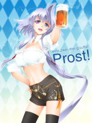 Rule 34 | 1girl, alcohol, beer, beer mug, black thighhighs, breasts, cleavage, crop top, cup, german text, hand on own hip, heterochromia, hip focus, large breasts, lavolpe (yagisaka seto), leather, leather pants, long hair, midriff, mug, navel, oktoberfest, open mouth, original, pants, shorts, silver hair, smile, solo, thighhighs, thighs, translated, very long hair, yagisaka seto