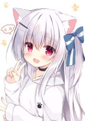 Rule 34 | 1girl, :d, animal ear fluff, animal ears, black choker, blue bow, blush, bow, choker, commentary request, dog ears, drawstring, fang, hair bow, hair ornament, hairclip, hands up, highres, hood, hood down, hoodie, koinu-chan, kujou danbo, long hair, long sleeves, looking at viewer, one side up, open mouth, original, simple background, sleeves past wrists, smile, solo, speech bubble, star (symbol), striped, striped bow, upper body, v, white background, white hoodie