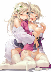 Rule 34 | 2girls, arched back, assisted exposure, bare shoulders, biting, blonde hair, blue eyes, blush, bottle, breasts, choko (cup), collarbone, commentary request, cup, elf, floral print, grabbing, grabbing another&#039;s breast, japanese clothes, kekemotsu, kimono, kneeling, long hair, looking at another, medium breasts, multiple girls, no bra, no shoes, nose blush, one eye closed, open mouth, original, panties, pointy ears, print kimono, purple kimono, sake bottle, side-tie panties, simple background, sitting, thighhighs, tokkuri, underwear, untied panties, wavy mouth, white background, white kimono, white legwear, white panties, yokozuwari, yuri