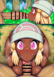 Rule 34 | 1boy, 1girl, :&gt;=, absurdres, alternate hair color, alternate skin color, blonde hair, blush, breasts, bush, censored, creatures (company), dark-skinned female, dark skin, dawn (pokemon), ebifurai (ebifurai007), expressionless, fellatio, foreskin insertion, forest, game freak, glowing, glowing eyes, hair ornament, hairclip, hat, heavy breathing, hetero, highres, hypnosis, kneeling, looking at another, looking at viewer, masturbation, medium breasts, mind control, mosaic censoring, nature, nintendo, nude, oral, outdoors, pendulum, penis, pink eyes, pokemon, pokemon bdsp, pokemon dppt, pov, purple eyes, saliva, saliva trail, shiny skin, steam, sweat, tongue, tongue out, tongue under foreskin, veins, veiny penis, wide hips