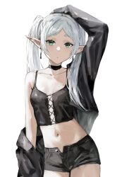Rule 34 | 1girl, alternate costume, black shorts, black tank top, breasts, casual, contemporary, drop earrings, earrings, elf, frieren, green eyes, highres, jacket, jewelry, long hair, looking at viewer, parted bangs, pointy ears, raberu ruru, shorts, small breasts, solo, sousou no frieren, tank top, twintails, white hair