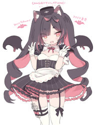 Rule 34 | 1girl, :d, animal ears, apron, black dress, black hair, black hat, black wings, blade (galaxist), blush, breasts, cat ears, commentary request, congratulations, detached wings, double w, dress, fang, feet out of frame, garter straps, gloves, hands up, hat, long hair, looking at viewer, middle w, milestone celebration, mini hat, multicolored hair, nekoyama nae, open mouth, puffy short sleeves, puffy sleeves, red eyes, red hair, short eyebrows, short sleeves, simple background, small breasts, smile, solo, thick eyebrows, thighhighs, toranoana, twintails, two-tone hair, very long hair, virtual youtuber, w, waist apron, white apron, white background, white gloves, white thighhighs, wings