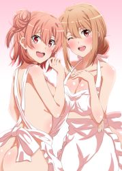 Rule 34 | 2girls, apron, ass, bare shoulders, blush, breasts, brown hair, cleavage, large breasts, looking at viewer, medium breasts, mature female, mother and daughter, multiple girls, naked apron, open mouth, pink hair, red eyes, smile, yahari ore no seishun lovecome wa machigatteiru., yuigahama yui, yuigahama yui&#039;s mother