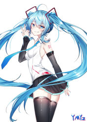 Rule 34 | 1girl, absurdres, ahoge, bare shoulders, black thighhighs, blue eyes, blue hair, hatsune miku, hatsune miku (vocaloid4), highres, long hair, looking at viewer, nail, open mouth, simple background, skirt, smile, solo, thighhighs, twintails, vocaloid, white background, ymyz