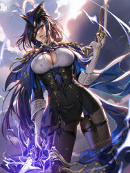 Rule 34 | 1girl, black corset, blue cape, blue hair, blue hat, breasts, button gap, cape, cleavage, clorinde (genshin impact), cloud, corset, cowboy shot, dark blue hair, electricity, epaulettes, from below, genshin impact, gloves, glowing, glowing sword, glowing weapon, gun, hat, hat feather, highres, holding, holding gun, holding sword, holding weapon, large breasts, liang xing, pantyhose, partially unbuttoned, popped button, purple eyes, solo, standing, sword, thigh strap, thighs, tricorne, vision (genshin impact), weapon, white gloves