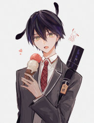 Rule 34 | 1boy, :o, animal ears, denn (naluse flow), dog, dog ears, food, formal, green eyes, grey suit, heart, highres, holding, holding food, ice cream cone, kenmochi touya, kenmochi touya (1st costume), lapels, long sleeves, male focus, necktie, nijisanji, notched lapels, red necktie, short hair, solo, suit, upper body, virtual youtuber, white background