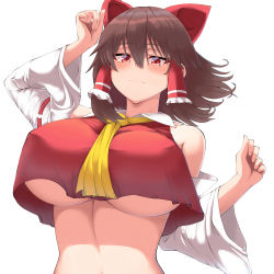 Rule 34 | 1girl, alternate breast size, blush, bow, breasts, brown hair, closed mouth, collared shirt, commentary request, cookie (touhou), crop top, crop top overhang, detached sleeves, frilled bow, frilled hair tubes, frills, hair between eyes, hair bow, hair tubes, hakurei reimu, highres, huge breasts, looking at viewer, navel, necktie, pyukasshori, red bow, red eyes, red shirt, reu (cookie), shirt, short hair, sidelocks, simple background, sleeveless, sleeveless shirt, solo, touhou, underboob, upper body, white background, white sleeves, wide sleeves, yellow necktie