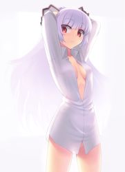 Rule 34 | 1girl, adjusting hair, arms behind head, arms up, bottomless, bow, breasts, cleavage, female focus, fujiwara no mokou, hair bow, kaiza (rider000), long hair, naked shirt, no bra, red eyes, see-through, shirt, silver hair, sleeves rolled up, solo, standing, touhou, tying hair