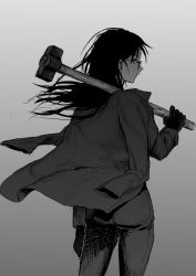 Rule 34 | 1girl, absurdres, chinese commentary, closed mouth, commentary request, from behind, glasses, gloves, gradient background, greyscale, guairen937, hammer, highres, holding, holding hammer, jacket, jacket on shoulders, long hair, long sleeves, looking back, minakata hizuru, monochrome, pants, simple background, sledgehammer, solo, summertime render
