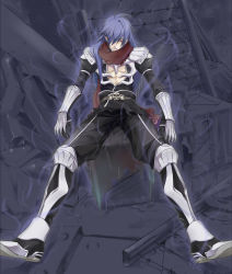Rule 34 | 1boy, ahoge, armor, armored boots, arms at sides, assassin cross (ragnarok online), barbed wire, bare pectorals, bio lab, black cape, black pants, black shirt, blue hair, boots, cape, commentary request, crate, eremes guile, full body, gauntlets, hair between eyes, hair over one eye, kirimochi niwe, leg armor, long hair, looking at viewer, male focus, pants, parted lips, pauldrons, pectorals, ragnarok online, red eyes, red scarf, scarf, shirt, shoulder armor, sitting, skull, solo, spread legs, torn clothes, torn scarf, waist cape